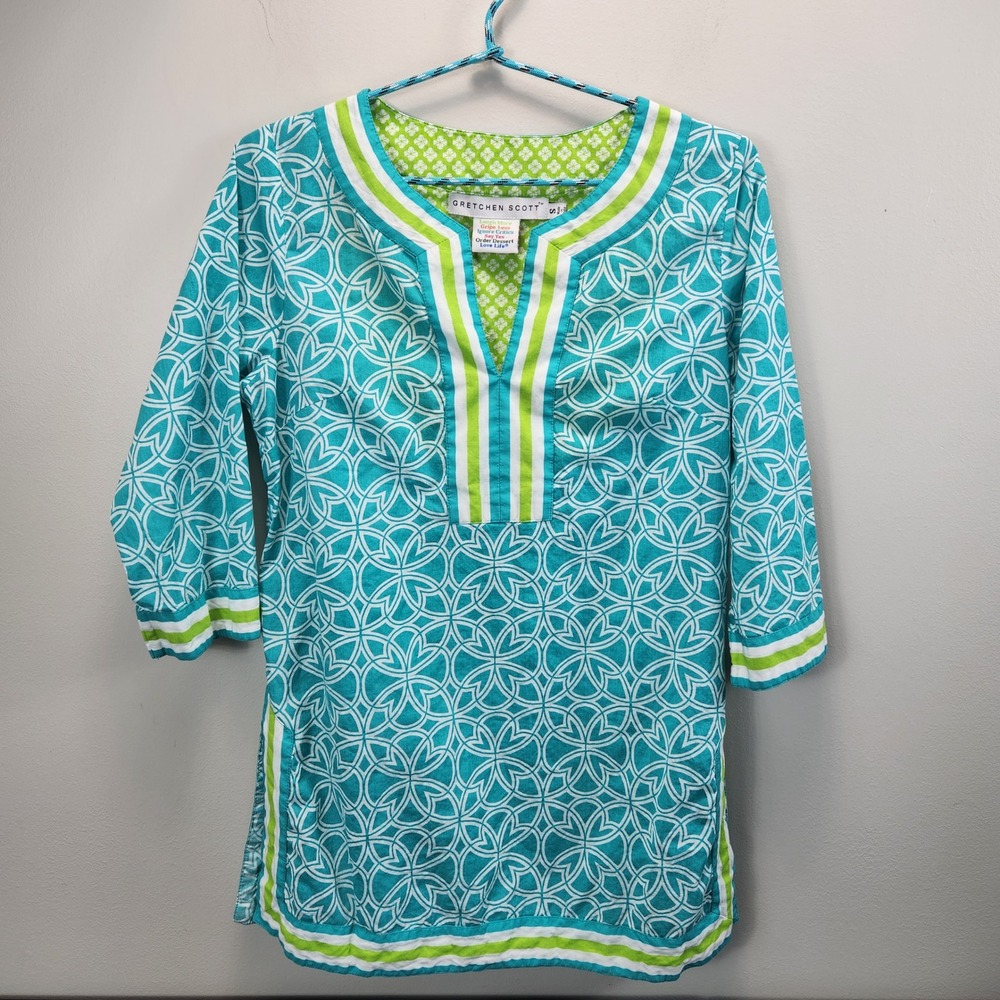 Gretchen Scott Turquoise Lime Green Cotton Tunic Top Split Neck 3/4 Sleeve Small